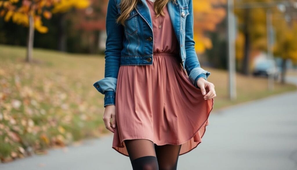 Woman wearing a flowy dress with tights and a denim jacket