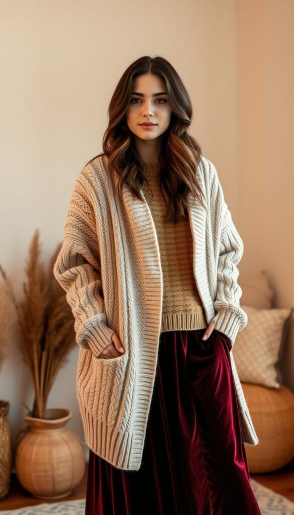 A cozy, autumn-inspired scene with a woman wearing a warm, knit cardigan layered over a velvet midi skirt. The cardigan has an oversized, relaxed fit and subtle cable-knit detailing. The velvet skirt in a rich, jewel-toned hue cascades gracefully, creating a luxurious contrast against the soft, textured knits. Warm, diffused lighting filters through the scene, casting a gentle glow and evoking a sense of comfort and coziness. The composition emphasizes the layered look, showcasing how the different fabrics and textures work harmoniously together. The overall mood is one of effortless style and inviting, autumnal vibes. A cozy, autumn-inspired scene with a woman wearing a warm, knit cardigan layered over a velvet midi skirt. The cardigan has an oversized, relaxed fit and subtle cable-knit detailing. The velvet skirt in a rich, jewel-toned hue cascades gracefully, creating a luxurious contrast against the soft, textured knits. Warm, diffused lighting filters through the scene, casting a gentle glow and evoking a sense of comfort and coziness. The composition emphasizes the layered look, showcasing how the different fabrics and textures work harmoniously together. The overall mood is one of effortless style and inviting, autumnal vibes.