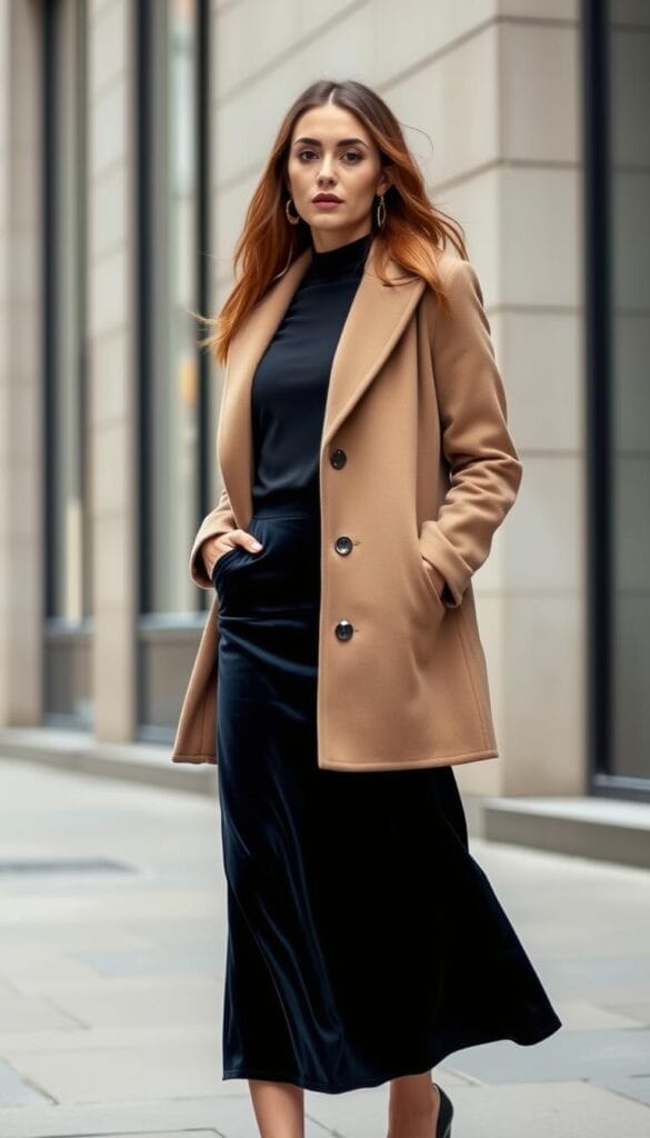 A high-fashion editorial style photograph showcasing a model wearing a stylish velvet midi skirt and complementary coats. The model is posed in a natural lighting setting, with soft shadows and highlights accentuating the textures of the fabrics. The coats include a tailored wool overcoat in a neutral tone, a luxurious cashmere wrap coat in a rich jewel-toned hue, and a sleek leather moto jacket. The midi skirt features a luxurious velvet material in a deep, jewel-toned color. The model's pose and styling convey an effortless, sophisticated elegance that complements the midi skirt and outerwear pieces. A high-fashion editorial style photograph showcasing a model wearing a stylish velvet midi skirt and complementary coats. The model is posed in a natural lighting setting, with soft shadows and highlights accentuating the textures of the fabrics. The coats include a tailored wool overcoat in a neutral tone, a luxurious cashmere wrap coat in a rich jewel-toned hue, and a sleek leather moto jacket. The midi skirt features a luxurious velvet material in a deep, jewel-toned color. The model's pose and styling convey an effortless, sophisticated elegance that complements the midi skirt and outerwear pieces.