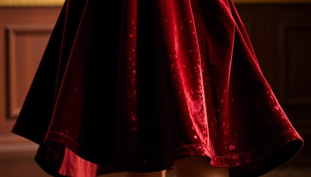 A richly textured velvet midi skirt takes center stage, its luxurious sheen catching the warm, soft light. The fabric's drape and weight are expertly showcased, inviting the viewer to imagine the smooth, supple hand feel. In the foreground, a variety of velvet swatch samples in various colors and finishes - matte, sheen, crushed - are arranged for comparison. The background is a clean, minimalist studio setting, allowing the skirt and fabric samples to be the focal point. Overall, the image conveys a sense of considered, high-quality fashion curation, guiding the viewer through the nuanced selection of the perfect velvet for a midi skirt. A richly textured velvet midi skirt takes center stage, its luxurious sheen catching the warm, soft light. The fabric's drape and weight are expertly showcased, inviting the viewer to imagine the smooth, supple hand feel. In the foreground, a variety of velvet swatch samples in various colors and finishes - matte, sheen, crushed - are arranged for comparison. The background is a clean, minimalist studio setting, allowing the skirt and fabric samples to be the focal point. Overall, the image conveys a sense of considered, high-quality fashion curation, guiding the viewer through the nuanced selection of the perfect velvet for a midi skirt.
