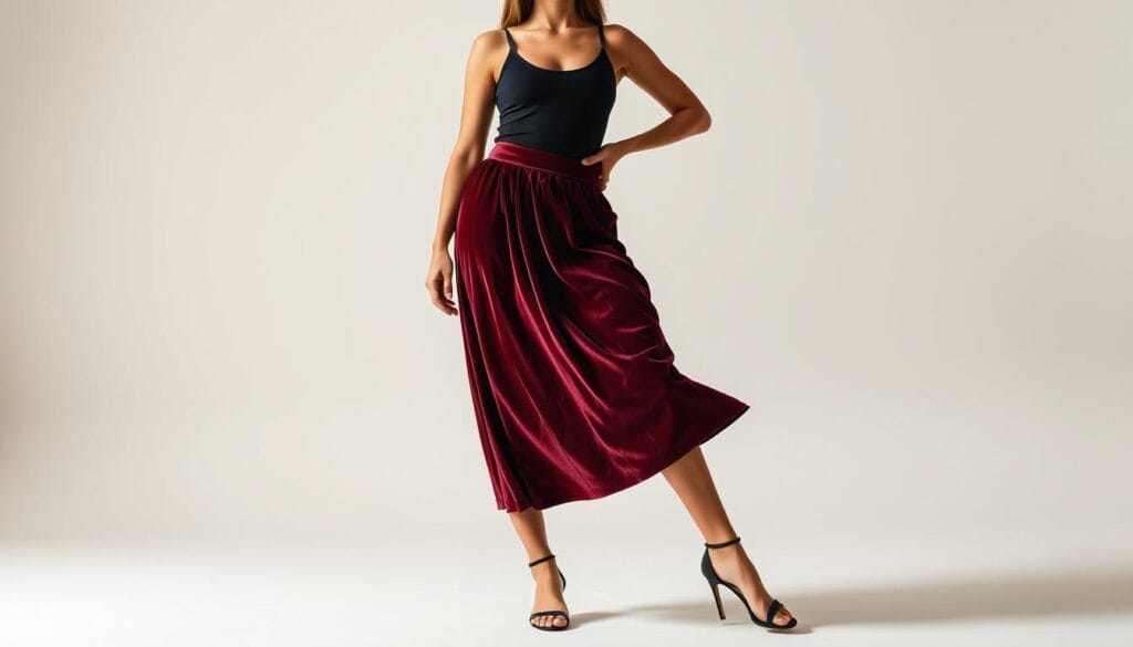 A well-lit, high-fashion studio shot of a woman wearing a velvet midi skirt in a rich burgundy hue. The skirt has a flattering A-line silhouette that flares gracefully from the waist. The model stands in a relaxed, three-quarter pose, one hand resting on her hip. Her top is a simple black tank, creating a chic, minimalist contrast. Soft, directional lighting highlights the luxurious texture of the velvet and the model's flawless skin. The background is a neutral seamless, allowing the outfit to be the focal point. The overall mood is sophisticated, effortless, and fashion-forward. A well-lit, high-fashion studio shot of a woman wearing a velvet midi skirt in a rich burgundy hue. The skirt has a flattering A-line silhouette that flares gracefully from the waist. The model stands in a relaxed, three-quarter pose, one hand resting on her hip. Her top is a simple black tank, creating a chic, minimalist contrast. Soft, directional lighting highlights the luxurious texture of the velvet and the model's flawless skin. The background is a neutral seamless, allowing the outfit to be the focal point. The overall mood is sophisticated, effortless, and fashion-forward.