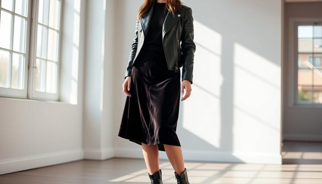 A well-lit, high-resolution image of a woman wearing a dark velvet midi skirt, paired with a fitted leather jacket and ankle boots. The woman is standing in a chic, minimalist interior, with natural light streaming through large windows, casting a warm, soft glow on the scene. The layered look creates a harmonious blend of textures and styles, highlighting the versatility and sophistication of the velvet midi skirt. The image conveys a sense of effortless elegance and the power of layering to elevate a simple outfit. A well-lit, high-resolution image of a woman wearing a dark velvet midi skirt, paired with a fitted leather jacket and ankle boots. The woman is standing in a chic, minimalist interior, with natural light streaming through large windows, casting a warm, soft glow on the scene. The layered look creates a harmonious blend of textures and styles, highlighting the versatility and sophistication of the velvet midi skirt. The image conveys a sense of effortless elegance and the power of layering to elevate a simple outfit.