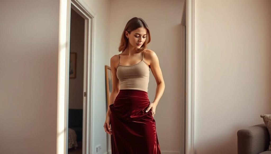 A young woman in a cozy, well-lit home setting, standing in front of a full-length mirror. She is wearing a fitted, neutral-colored tank top and a high-waisted midi skirt in a luxurious velvet fabric. The lighting is warm and flattering, highlighting the textures of the fabrics. The woman's pose is relaxed and confident, as she evaluates the fit and drape of the skirt. The background is simple and uncluttered, allowing the outfit to be the focal point. The camera angle is slightly elevated, creating a gentle, uplifting perspective. A young woman in a cozy, well-lit home setting, standing in front of a full-length mirror. She is wearing a fitted, neutral-colored tank top and a high-waisted midi skirt in a luxurious velvet fabric. The lighting is warm and flattering, highlighting the textures of the fabrics. The woman's pose is relaxed and confident, as she evaluates the fit and drape of the skirt. The background is simple and uncluttered, allowing the outfit to be the focal point. The camera angle is slightly elevated, creating a gentle, uplifting perspective.