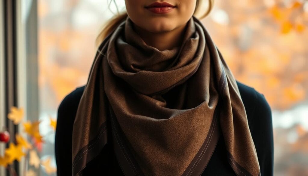 Seasonal styling for silk neck scarf Seasonal styling for silk neck scarf
