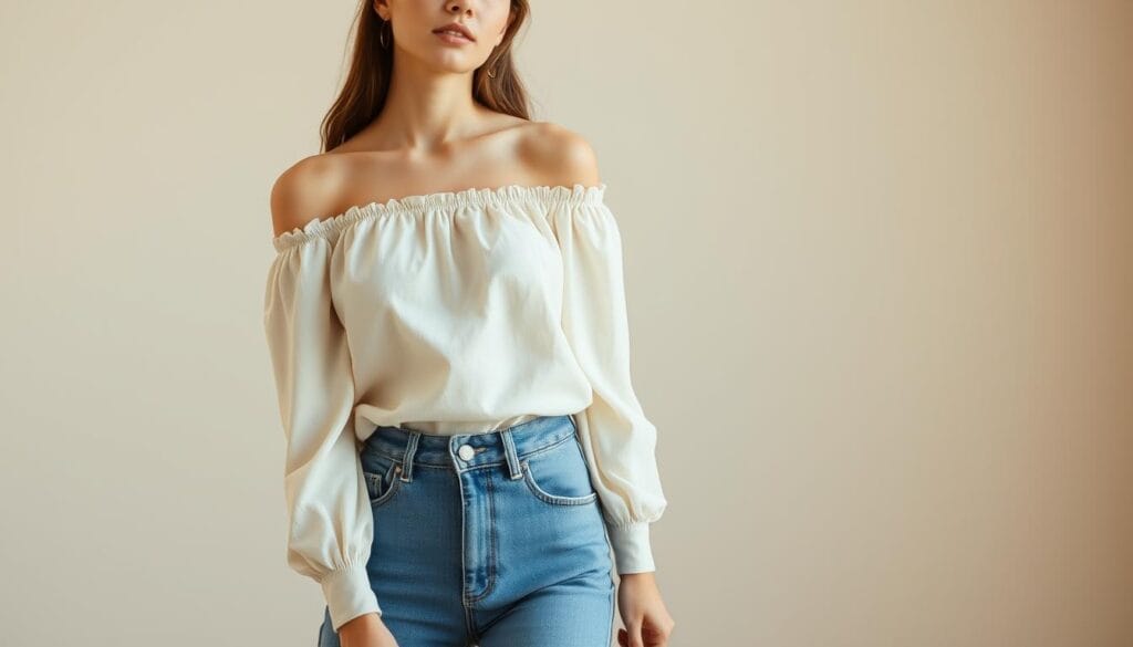 Elevated basics off-shoulder blouse styling Elevated basics off-shoulder blouse styling