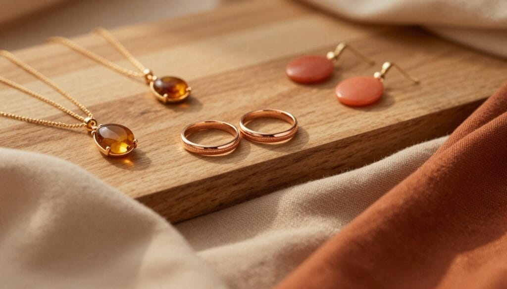 rose gold rings styled with warm-toned jewelry and earth tone outfit rose gold rings styled with warm-toned jewelry and earth tone outfit