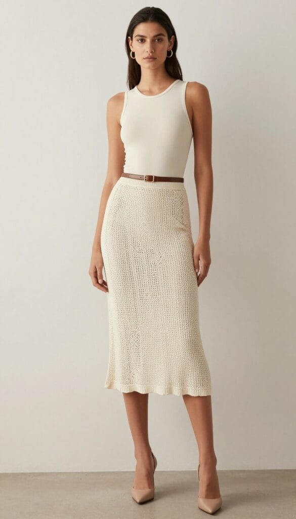 Cream crochet midi skirt outfit Cream crochet midi skirt outfit
